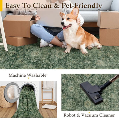 6x9 Washable Area Rug for Living Room Bedroom Green Vintage Distressed Rustic Carpet Non-Slip Low Pile Lightweight Vacuumable Soft Throw Rug for Indoor Dining Room Office