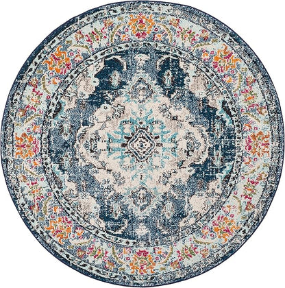 SAFAVIEH Monaco Collection Area Rug - 4' Round, Navy & Light Blue, Boho Chic Medallion Distressed Design, Non-Shedding & Easy Care, Ideal for High Traffic Areas in Living Room, Bedroom (MNC243N)