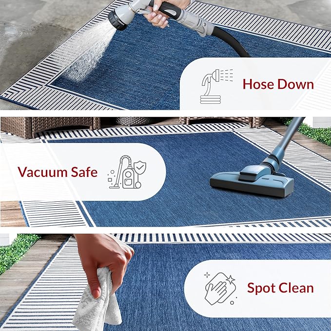 Nuloom Asha Navy/Ivory, 6'7" x 9', Casual, Striped Border, Soft and Cozy, High Traffic, Stain Resistant, Easy Clean, Durable Area Rug for Indoor/Outdoor Patio, Deck, Porch, Garden, Courtyard