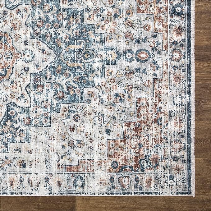 Bloom Rugs Washable Non-Slip 2x3 Rug - Terracotta/Teal Traditional Oriental Area Rug for Living Room, Bedroom, Dining Room, and Kitchen - Exact Size: 2' x 3'
