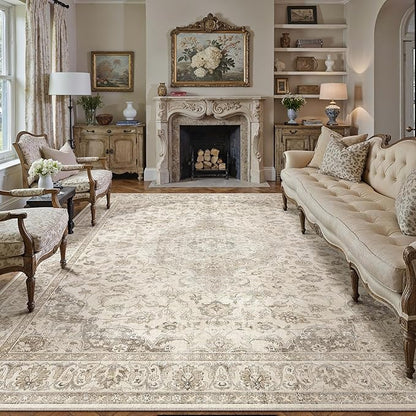 HUGEAR Area Rug 8x10 Vintage Brown Machine Washable Living Room Rugs Thin Neutral Floral Vacuumable Low Pile Carpet Bedroom Office Dining Room Laundry Room Non Slip Soft Lightweight