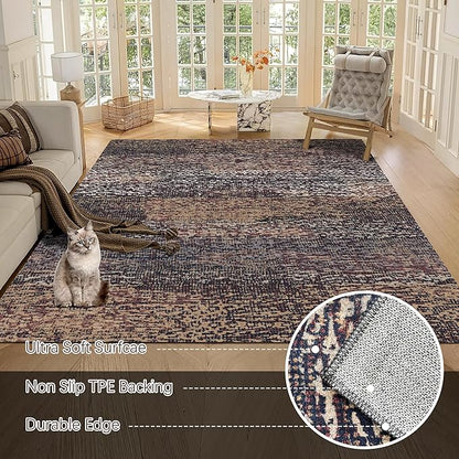 RUGSURE Washable Area Rug - 1/6" Thick Low Pile - Stain & Water Resistant Non-Slip Backing - Pet & Child Friendly Vintage Abstract Design in Multi-Tone Rust Brown, Blue & Beige (3' x 5')