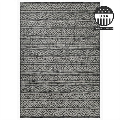 FH Home Flat Woven Outdoor Rug - Waterproof, Easy to Clean, Stain resistant - Premium Polypropylene Yarn - Striped Boho - Patio,Deck,Porch,Balcony, Laundry Room - Amman - Charcoal - 3ft 11in x 5ft 6in