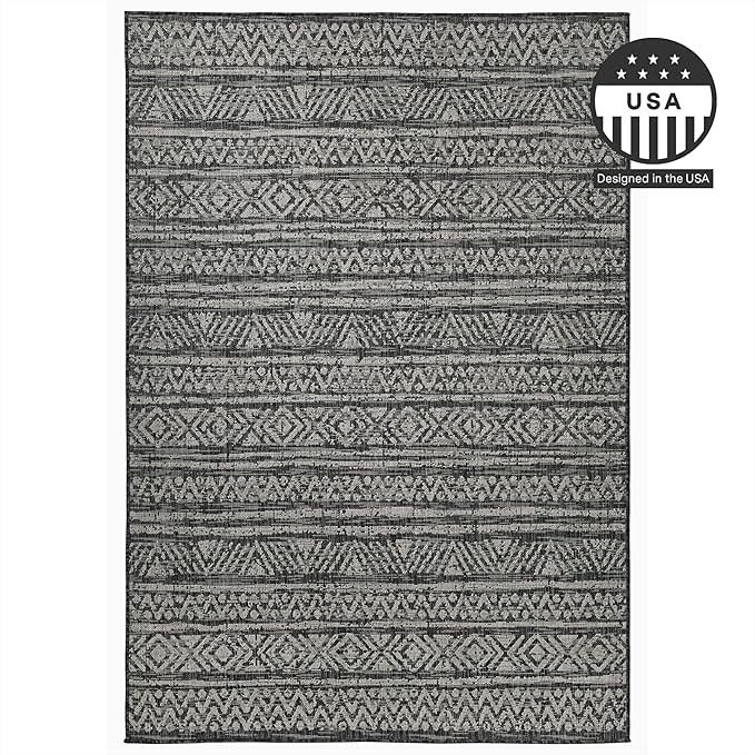 FH Home Outdoor Rug - Waterproof Easy to Clean Stain Resistant - Patio Indoor Outdoor Porch Deck Balcony Entryway - Striped Boho - Amman - Charcoal - 6' x 9'