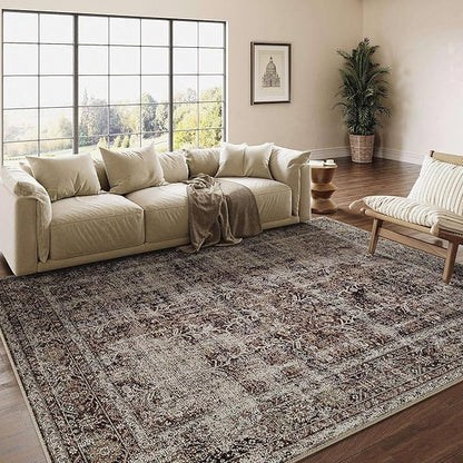 Vintage Area Rug 8x10 Rust Red Washable Living Room Large Carpet Non Slip Bedroom Indoor Office Low Pile Traditional Distressed Retro Accent Rug for Dining Room