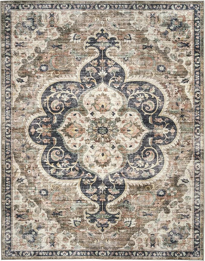 ReaLife Rugs Machine Washable Area Rug - Living Room Bedroom Bathroom Kitchen Entryway Office - Padded Crease Free Stain Resistant Premium - Boho Farmhouse Vintage- Joy - Brown Tan - 2'x 3'