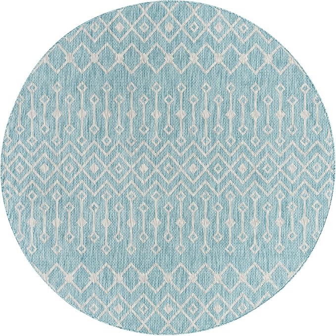 Unique Loom Outdoor Trellis Collection Area Rug - Tribal Trellis (7' 10" Round, Aqua/ Ivory)