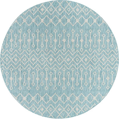 Unique Loom Outdoor Trellis Collection Area Rug - Tribal Trellis (7' 10" Round, Aqua/ Ivory)
