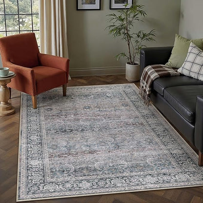 HUGEAR 5x7 Area Rug Purple Machine Washable Rug Vintage Neutral Distressed Mat Soft Non Slip Low Pile Pet Friendly for Living Room Bedroom Dining Room