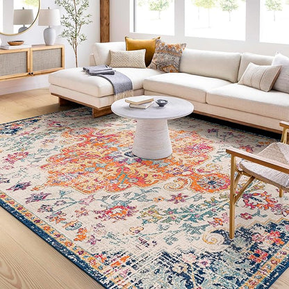 Livabliss Area Rugs - 12x18 Odelia Vintage Boho Aqua Off-White Blue Area Rug for Living Room Bedroom - Floral Medallion Stain Resistant Carpet for Kitchen, Nursery, Office (12' x 18')