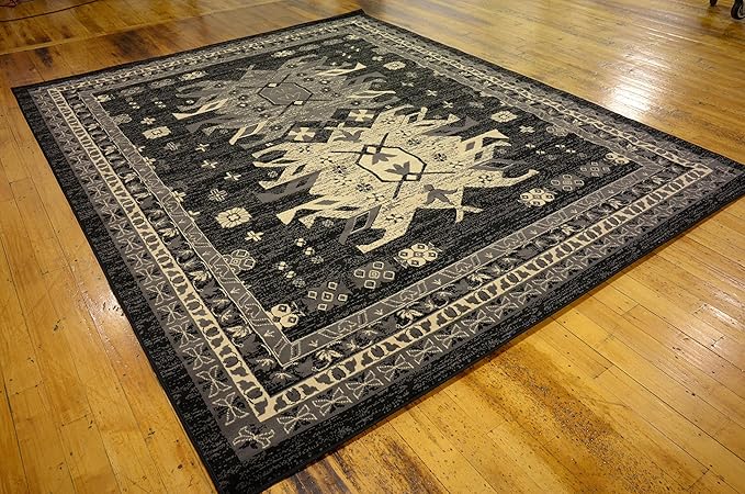 Unique Loom Taftan Collection Border Geometric Tribal Inspired Design Area Rug (8' 0 x 10' 0 Rectangular, Black/ Gray)