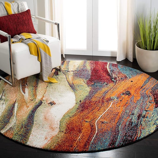 SAFAVIEH Glacier Collection 3' Round Red/Green GLA126Q Modern Abstract Non-Shedding Dining Room Entryway Foyer Living Room Bedroom Area Rug