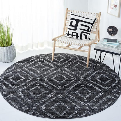 SAFAVIEH Adirondack Collection Area Rug - 6' Round, Black & Ivory, Modern Diamond Distressed Design, Non-Shedding & Easy Care, Ideal for High Traffic Areas in Living Room, Bedroom (ADR131A)