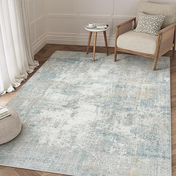 3x5 Washable Area Rug Blue Cream Abstract Entryway Office Throw Rug Neutral Modern Non Slip Soft Low Pile Lightweight Small Carpet for Kitchen Living Room Bedroom Entrance