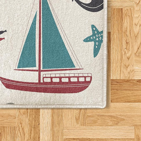 Ambesonne Nautical Decorative Rug, Pastel Colored Composition of Lighthouse Sailboat Fish Shells Octopus, Quality Carpet for Bedroom Dorm and Living Room, 2' 2" x 3' 7", Raspberry and Dark Blue