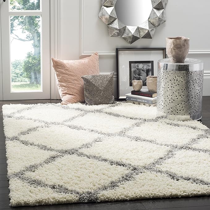SAFAVIEH Dallas Shag Collection Area Rug - 6' x 9', Ivory & Grey, Trellis Design, Non-Shedding & Easy Care, 1.5-inch Thick Ideal for High Traffic Areas in Living Room, Bedroom (SGD257F)