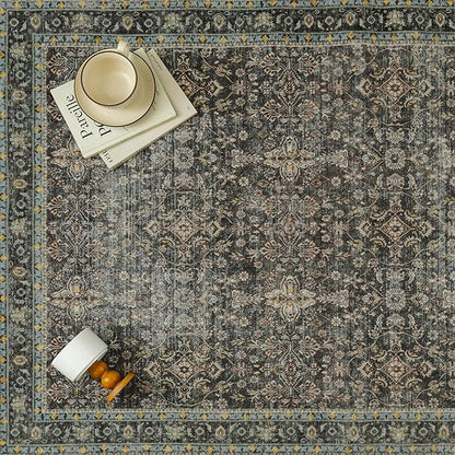 9x12 Area Rug for Living Room Black Vintage Washable Bedroom Carpet Traditional Distressed Soft Non Slip Indoor Large Accent Rug Retro Thin Low Pile Floor Cover for Dining Room Playroom