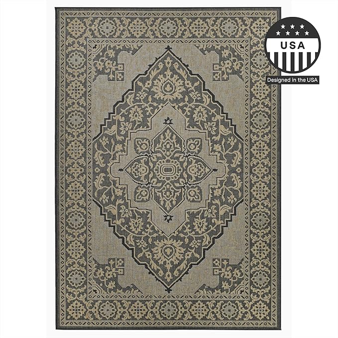 FH Home Flat Woven Outdoor Rug - Waterproof, Easy to Clean, Stain Resistant - Premium Polypropylene Yarn - Vintage - Porch, Deck, Balcony,Laundry Room - Ankara - Charcoal - 2ft 8in x 4 ft 11in
