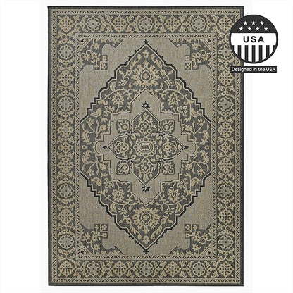 FH Home Flat Woven Outdoor Rug - Waterproof, Easy to Clean, Stain Resistant - Premium Polypropylene Yarn - Vintage - Patio, Porch, Deck, Balcony - Ankara - Charcoal - 5ft 4in x 7ft 6in