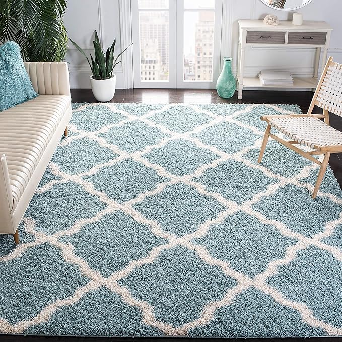 SAFAVIEH Dallas Shag Collection Area Rug - 8' Square, Seafoam & Ivory, Trellis Design, Non-Shedding & Easy Care, 1.5-inch Thick Ideal for High Traffic Areas in Living Room, Bedroom (SGD257C)