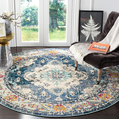 SAFAVIEH Monaco Collection Area Rug - 8'8" Round, Navy & Light Blue, Boho Chic Medallion Distressed Design, Non-Shedding & Easy Care, Ideal for High Traffic Areas in Living Room, Bedroom (MNC243N)