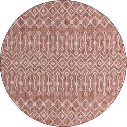 Unique Loom Outdoor Trellis Collection Area Rug - Tribal Trellis (7' 10" Round, Rust Red/ Ivory)