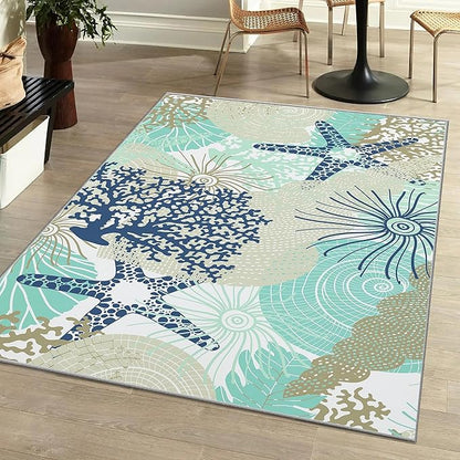 Tritard Coastal Area Rugs Nautical Beach Themed Non-Slip Machine Washable Rugs Modern Floor Carpet for Living Room Bedroom, 3x5, Navy