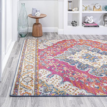 JONATHAN Y Boho Vintage Fuchsia/White Indoor Area Rug, 5x8, Bohemian Flair Medallion, Floral Easy-Cleaning High Traffic for Living Room, Bedroom, Kitchen, Pet-Friendly, Non-Shedding (BMF106C-5)