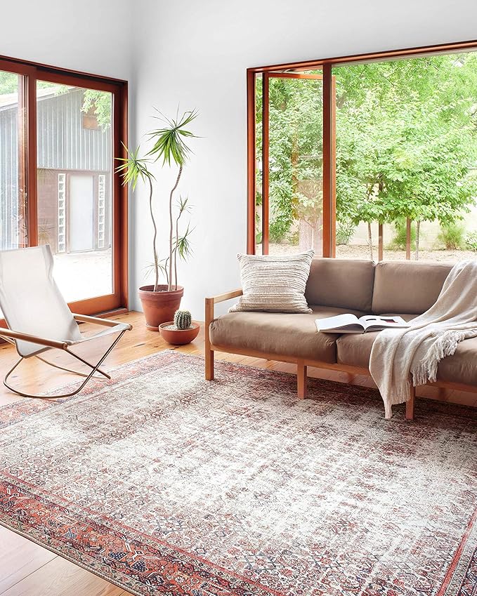 Loloi Layla Collection LAY-12 Ivory/Brick 2'-6" x 9'-6" .13" Thick Runner Rug, Soft, Durable, Vintage Inspired, Distressed, Low Pile, Non-Shedding, Easy Clean, Printed, Living Room Rug