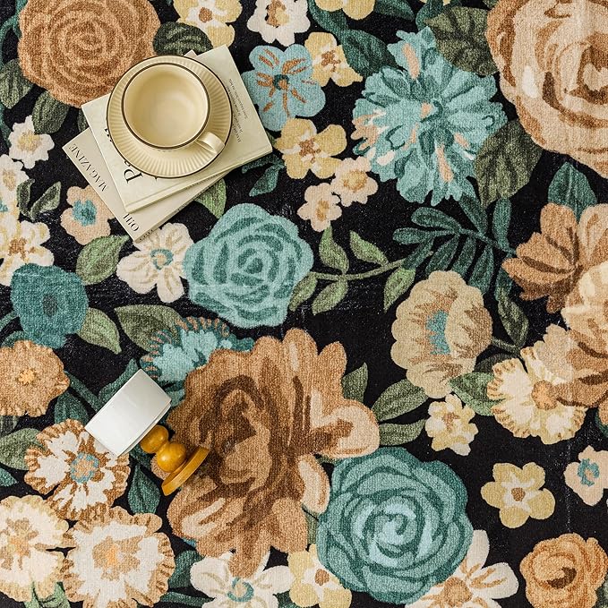 Washable Floral Area Rug 4x6 Black Office Carpet Scalloped Flower Non Slip Soft Living Room Rug Farmhouse Low Pile Thin Indoor Floor Cover for Bathroom Bedroom Kitchen Laundry Dining Room