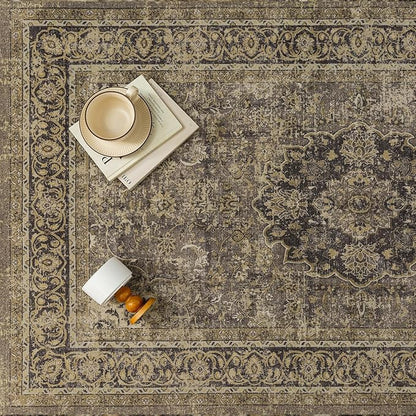 2x3 Brown Washable Vintage Area Rug for Living Room Bedroom Soft Tranditional Non Slip Thin Throw Rug Lightweight Floral Low Pile Distressed Doormat Entrance Dining Laundry Room Kitchen
