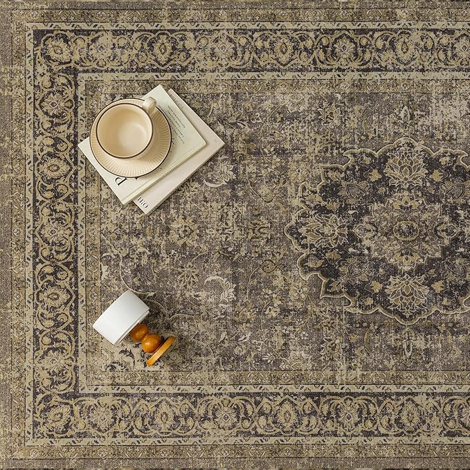 8x10 Brown Washable Vintage Area Rug for Living Room Bedroom Soft Tranditional Non Slip Large Throw Rug Lightweight Floral Low Pile Distressed Carpet Office Playroom Dining Room