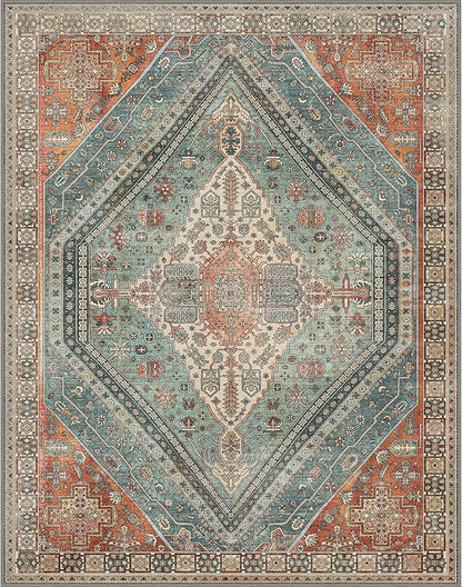 Bavni Washable Rug 8x10 Area Rug for Living Room Bedroom Dining, Washable Vintage Print Carpet, Ultra-Thin Chenille Low Pile Lightweight Rug with Non Slip Backing, Light Red/Blue