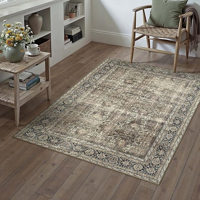 Vintage Area Rug 4x6 Brown Entryway Office Washable Carpet Non Slip Bedroom Indoor Living Room Door Mat Low Pile Traditional Distressed Retro Accent Rug for Dining Room Bathroom Kitchen