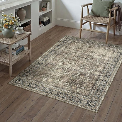 Brown Entryway Rug 2x4 Vintage Area Carpet Indoor Kitchen Washable Door Mat Living Room Entrance Small Low Pile Non Slip Traditional Distressed Retro Accent Throw Rug Office Bathroom