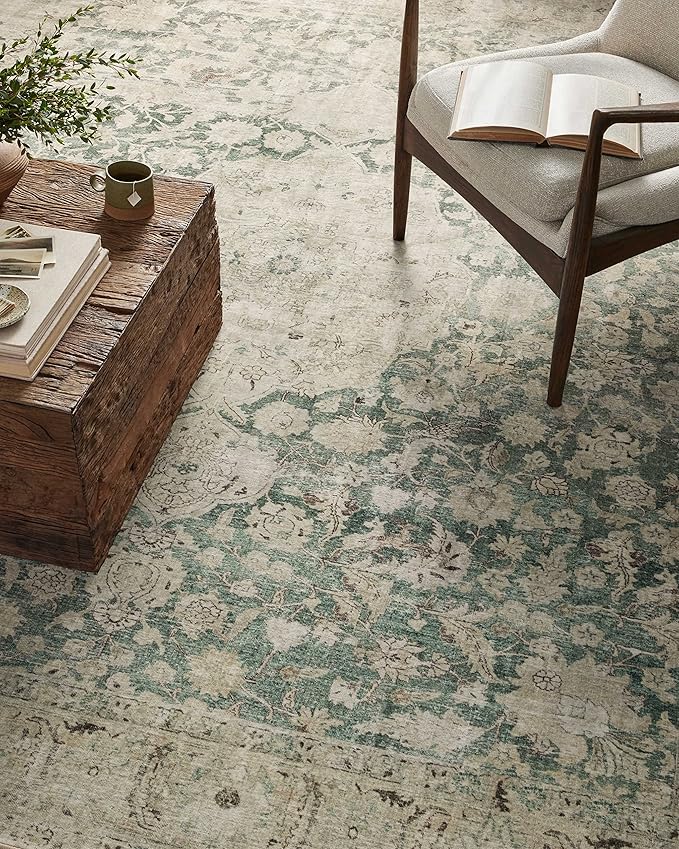 Loloi Magnolia Home by Joanna Gaines Sinclair Collection SIN-05 Jade/Sand 7'-6" x 9'-6", .25" Pile Height, Machine Washable, Area Rug