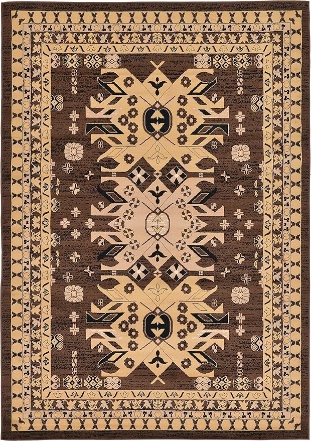 Unique Loom Taftan Collection Border Geometric Tribal Inspired Design Area Rug (7' 0 x 10' 0 Rectangular, Brown/ Tan)