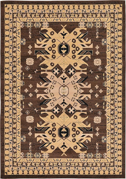 Unique Loom Taftan Collection Border Geometric Tribal Inspired Design Area Rug (7' 0 x 10' 0 Rectangular, Brown/ Tan)