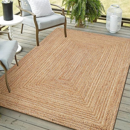 Hand Woven Farmhouse Jute Area Rug 5x8 Ft Rectuangler Natural Yarn, Rustic Vintage Beige Braided Reversible Rug, Eco Friendly Rugs for Bedroom, Kitchen, Living Room, Farmhouse 100% Jute Rug - Natural