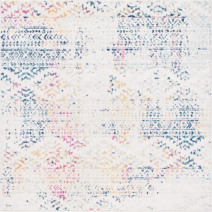 SAFAVIEH Tulum Collection Area Rug - 9' Square, Ivory & Blue, Moroccan Boho Tribal Design, Non-Shedding & Easy to Clean, Ideal for Living Room, Bedroom, Dining Space (TUL272C)