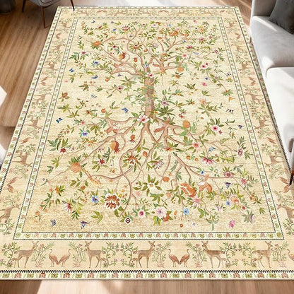 5x7 Area Rugs for Living Room, Machine Washable Non-Slip Carpet, Boho Floral Low Pile Throw Rugs for Bedroom, Dining Room, Office, Nursery, Vintage Home Decor（Beige）