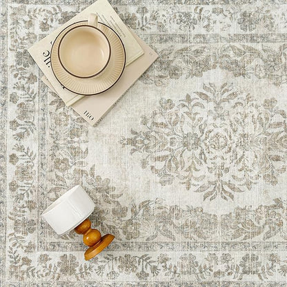 9x12 Area Rug Beige Washable Vintage Distressed Living Room Carpet Large Bedroom Indoor Medallion Floral Non Slip Retro Throw Floor Mat for Office Dining Room Kitchen Bathroom
