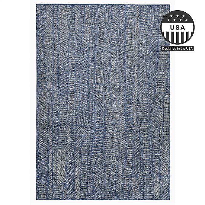 FH Home Flat Woven Outdoor Rug - Waterproof, Easy to Clean, Stain resistant - Premium Polypropylene Yarn - Modern Abstract - Patio, Deck, Porch, Balcony,Laundry Room - Suez - Blue - 3ft 11in x 5ft 6in