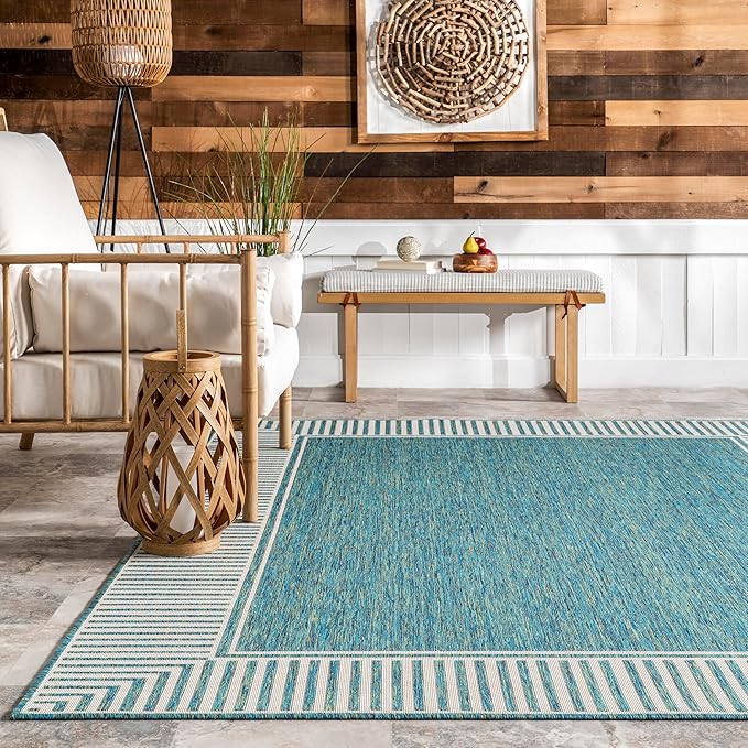 Nuloom Asha Teal/Ivory, 5' x 8', Casual, Striped Border, Soft and Cozy, High Traffic, Stain Resistant, Easy Clean, Durable Area Rug for Indoor/Outdoor Patio, Deck, Porch, Garden, Courtyard