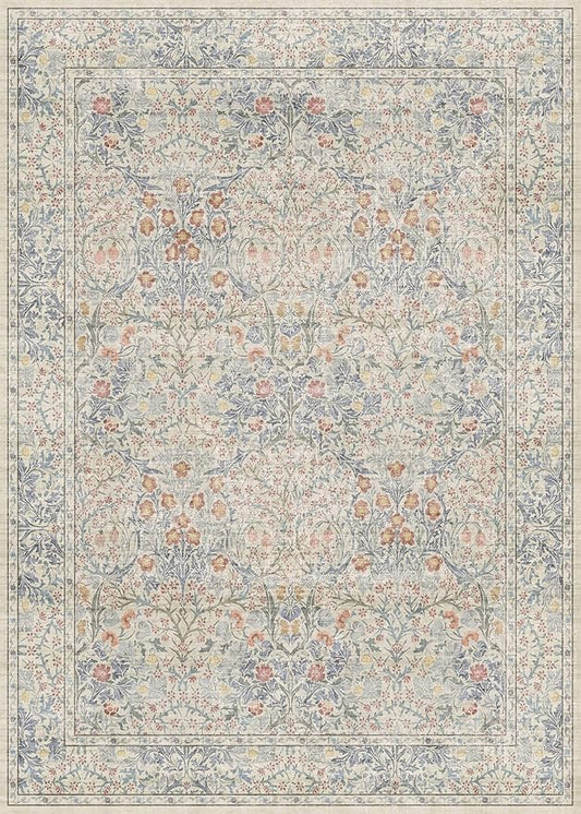 Vintage Washable Beige Blue 10x14 Rug for Living Room - Extra Large Area Rug for Dining Room Under Table, Bedroom - Botanical Floral Design with Purple Red Accent, Non-Slip Lightweight Soft Low Pile