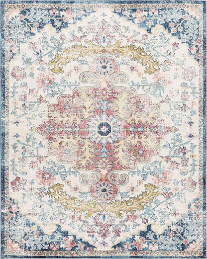 Livabliss Area Rugs - 9x12 Odelia Vintage Boho Aqua Burgandy Blue Area Rug for Living Room Bedroom - Floral Medallion Stain Resistant Carpet for Kitchen, Nursery, Office (8'10" x 12')