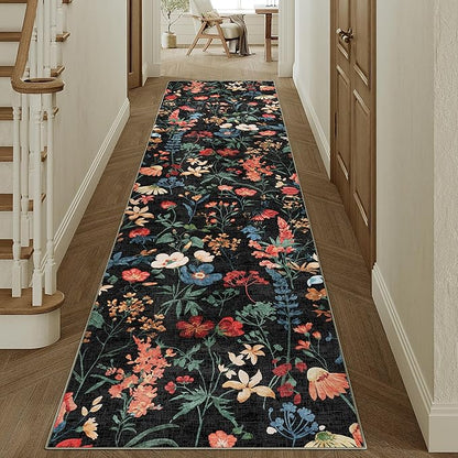 Floral Runner Rug 2x12 Washable Hallway Long Black Bedroom Carpet Non Slip Indoor Boho Kitchen Low Pile Accent Rug Lightweight Soft for Bathroom Dining Laundry Living Room