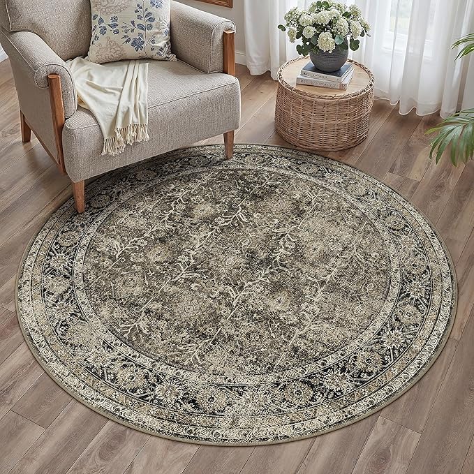 Brown Round Area Rug 3ft Entryway 3x3 Circle Vintage Indoor Kitchen Washable Door Mat Living Room Carpet Non Slip Traditional Distressed Retro Accent Throw Rug Office Dining Room Bathroom