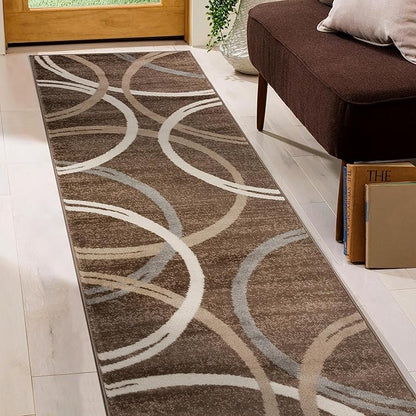 Rugshop Modern Wavy Circles Design Runner Rug, Carpet with Jute Backing for Hallway, Entryway, or Kitchen, Brown, 2' x 7'2"