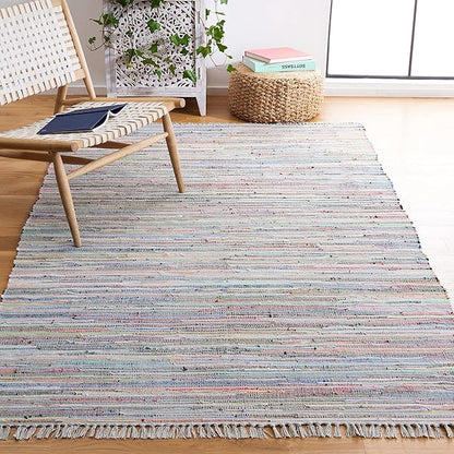 SAFAVIEH Rag Rug Collection Area Rug - 5' x 8', Grey & Multi, Handmade Boho Stripe Cotton, Ideal for High Traffic Areas in Living Room, Bedroom (RAR121M)